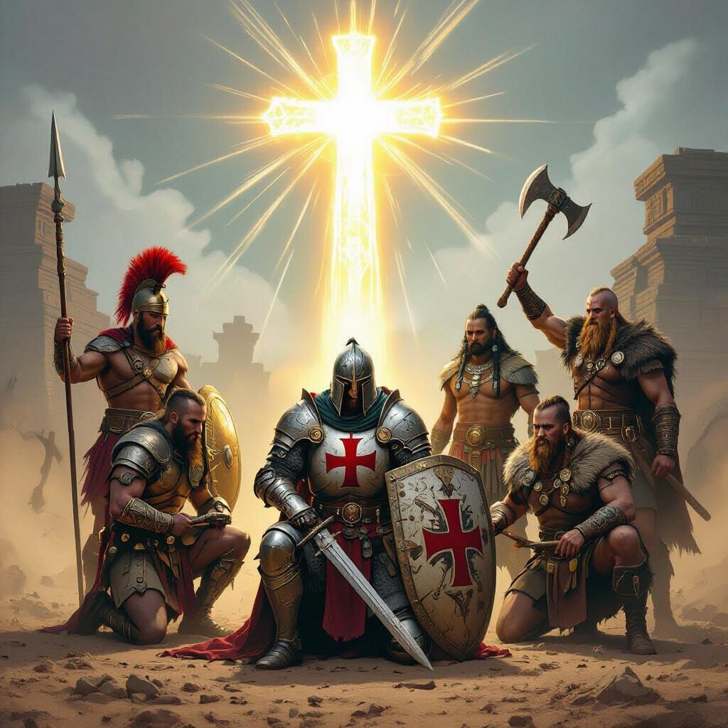 Templar Knight Kneeling Before Golden Cross