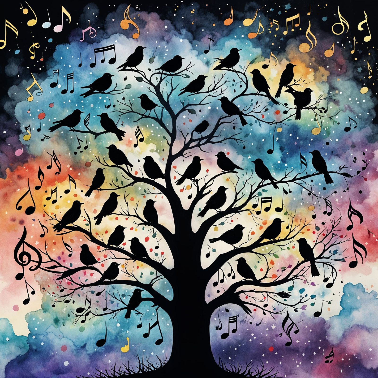 Singing Blackbirds in Vibrant Music Notes