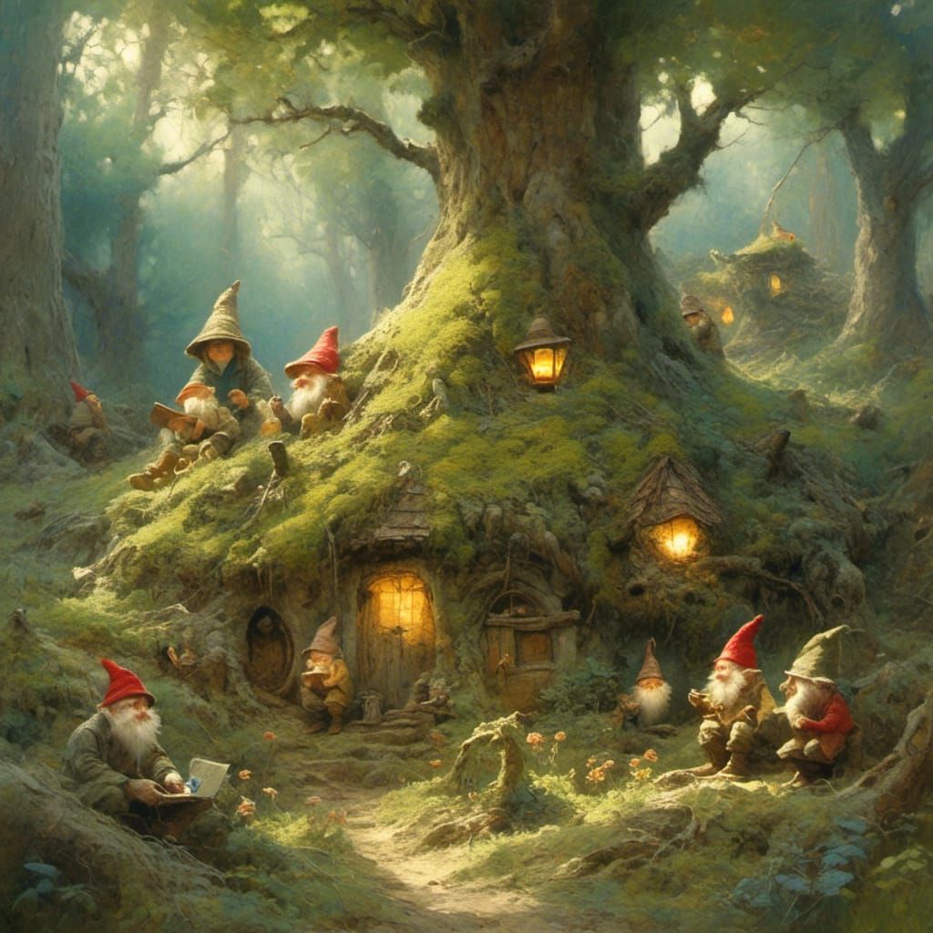 Whimsical Gnome Village Amidst Ancient Tree Roots
