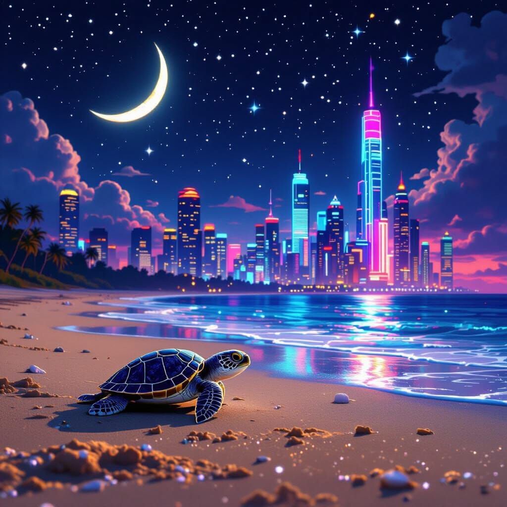 Baby Turtle Gazes at Futuristic City at Night