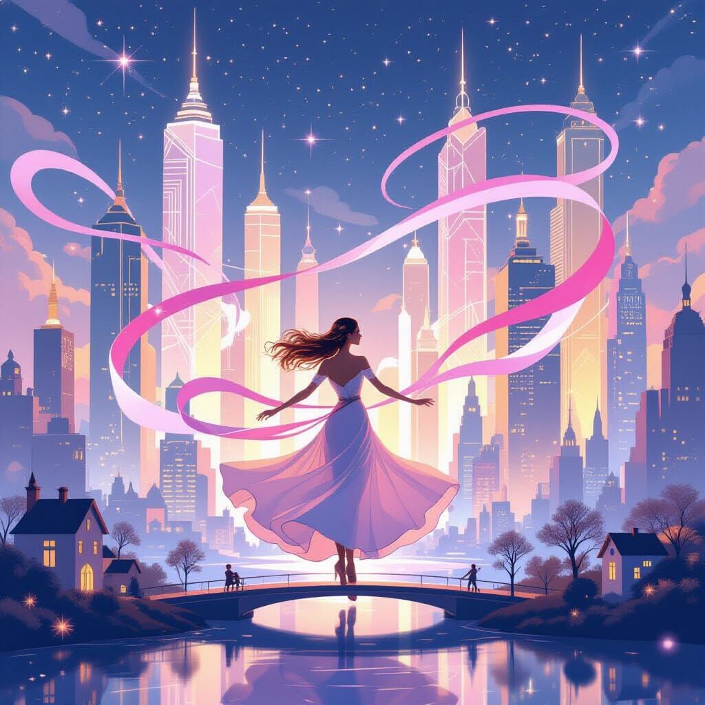 Ethereal Woman Dancing in Stylized Cityscape