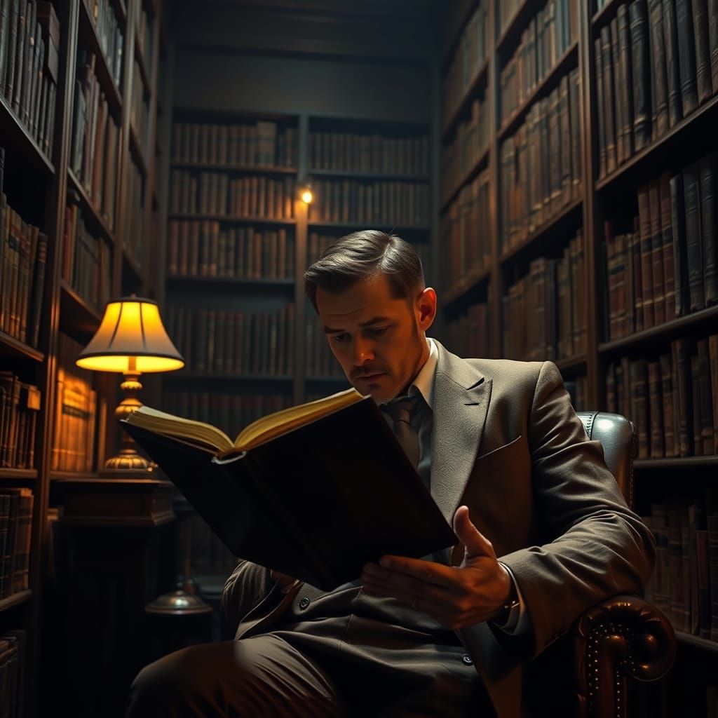 Man Reading by Lamp in Antique Library