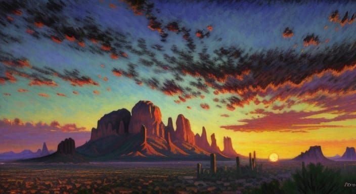 Superstition Mountains Sunset as Impasto Painting