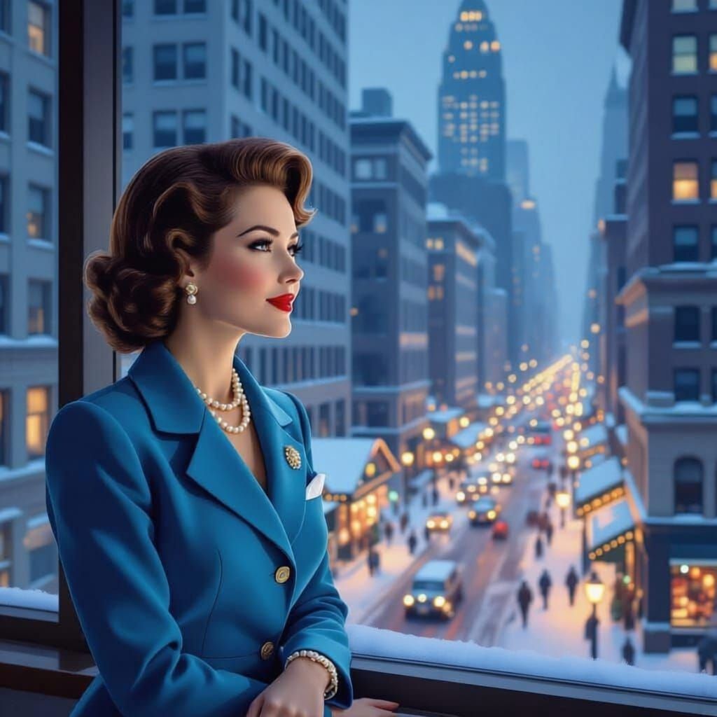 1950s Businesswoman Watches Snowy Christmas Market