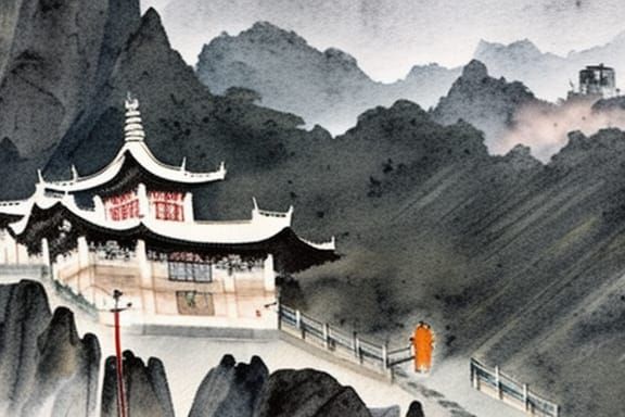 Misty Huangshan Vista in Monastic Solitude