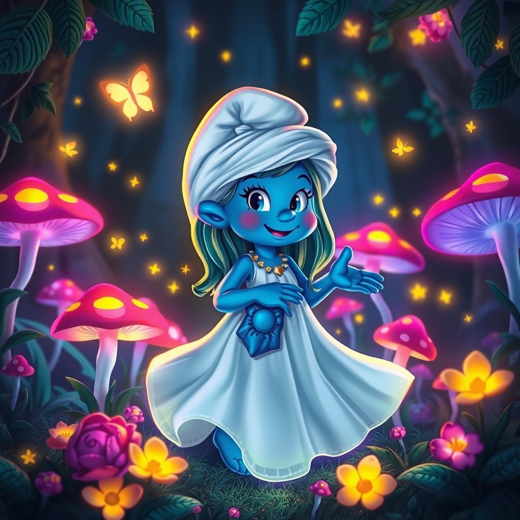 Smurfette in Mystical Forest, Neon Art Style