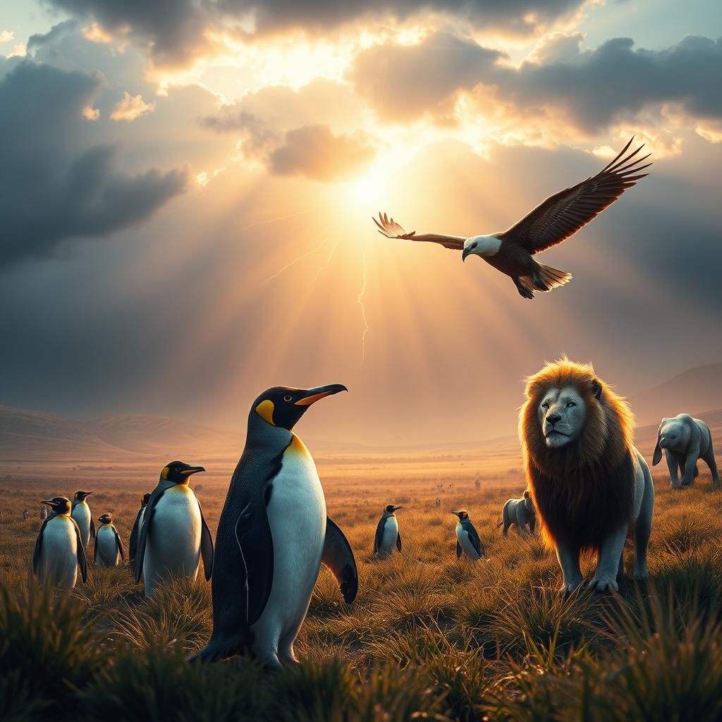 Surreal Wildlife Gathering in a Golden Hour Thunderstorm