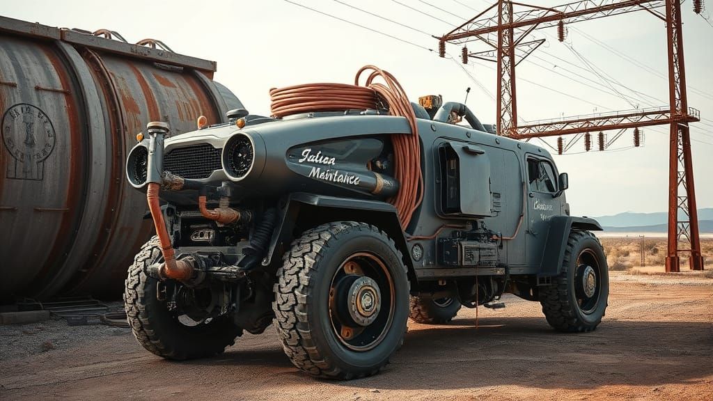 Futuristic Maintenance Vehicle Beside Brutalist Power Condui...