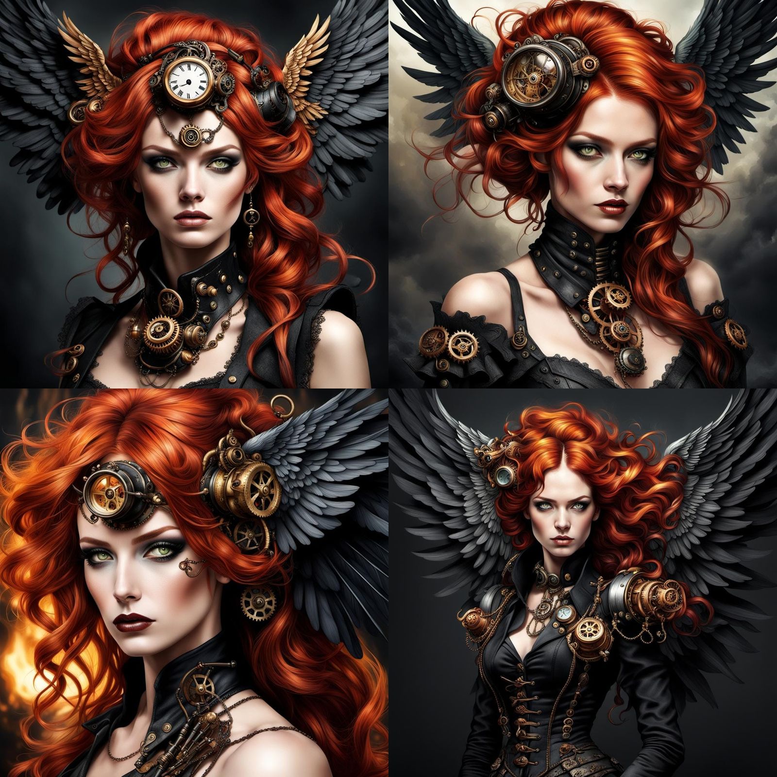 Rouge-Haired Siren with Dark Angel Wings