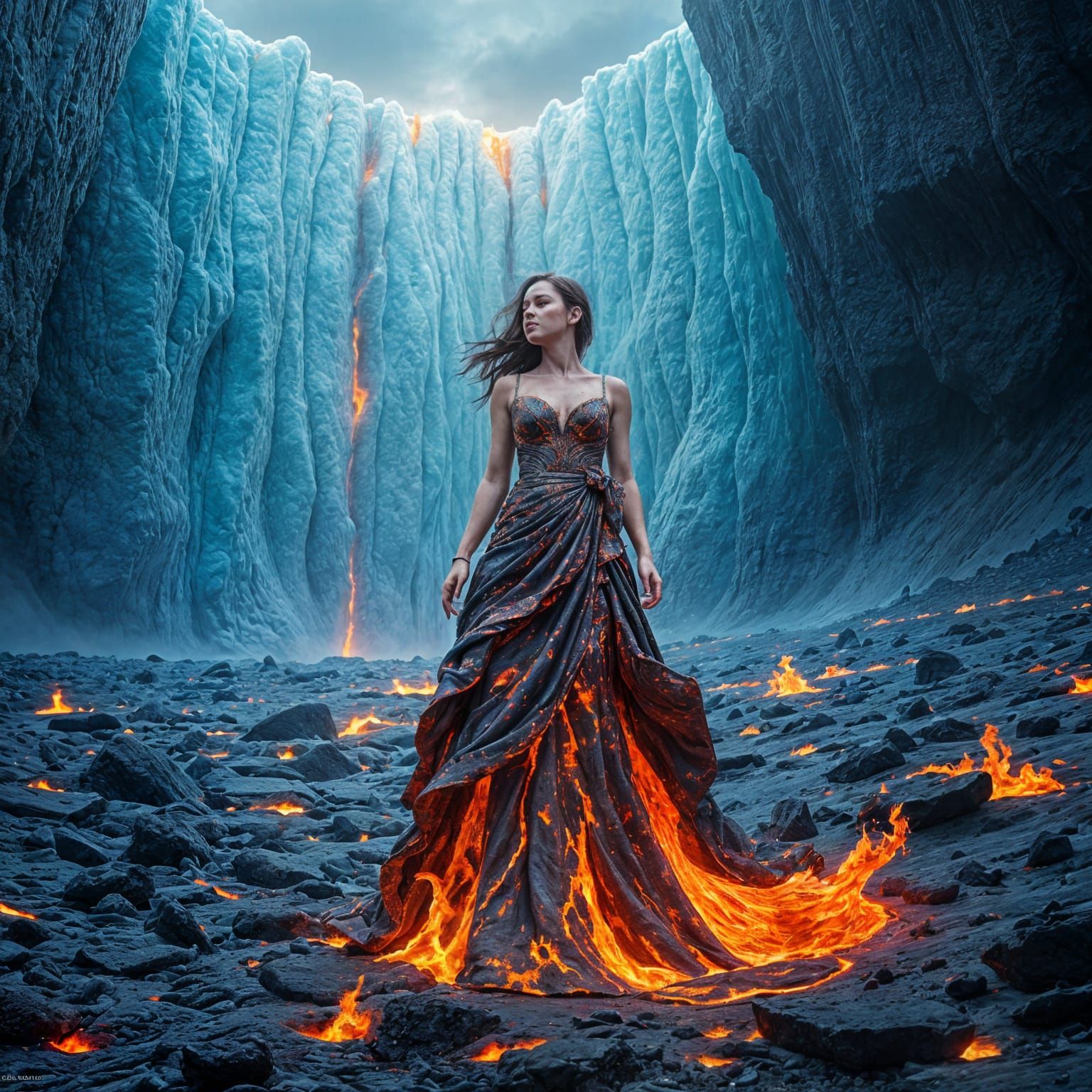 Lava Woman Against Blue Ice in Iceland