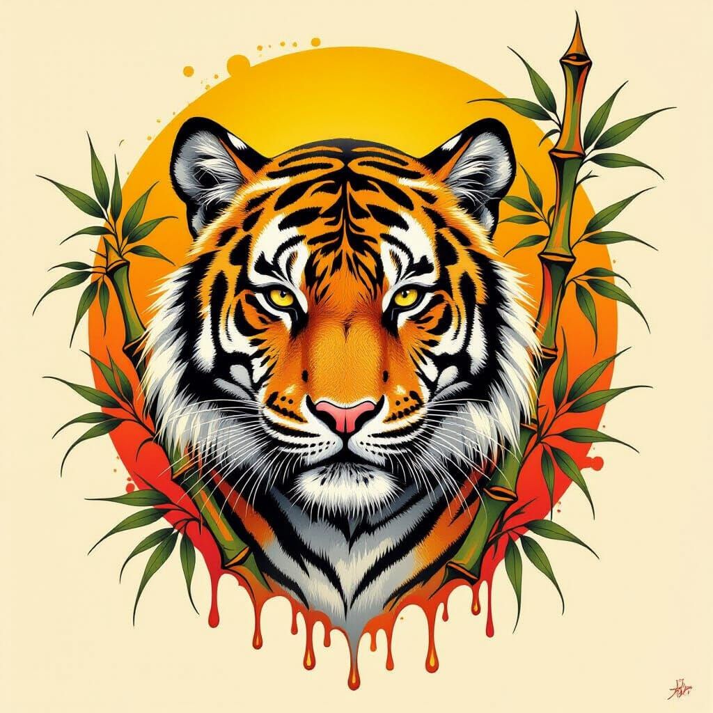 Tattoo orange sun tiger bamboo surrealism Salvador Dali matt...