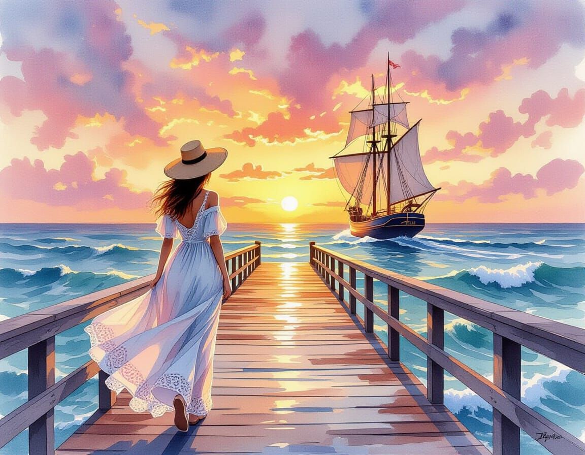 Woman Gazing at Schooner in Watercolor Painting