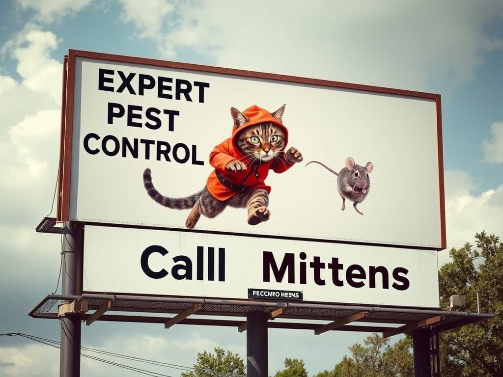 A billboard, a cat dressed as an exterminator chasing a mous...