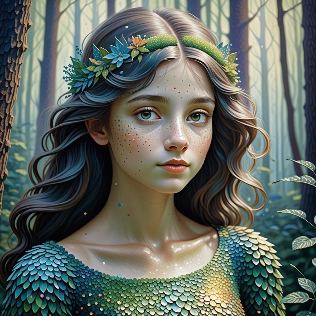 Serene Forest Nymph Portrait in Pointillist Style
