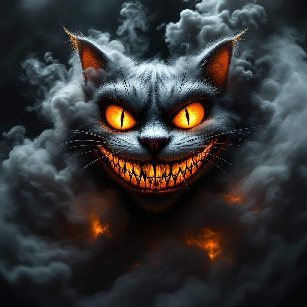 Sinister Cheshire Cat Grin Erupts from Infernal Smoke