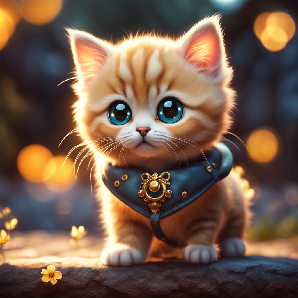 cute munchkin kitten, big eyes, kawaii, 8k golden hour soft focus