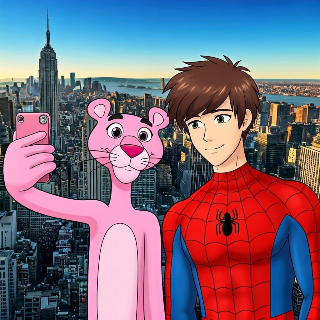 Anime-Style Selfie of Pink Panther and Spiderman in New York