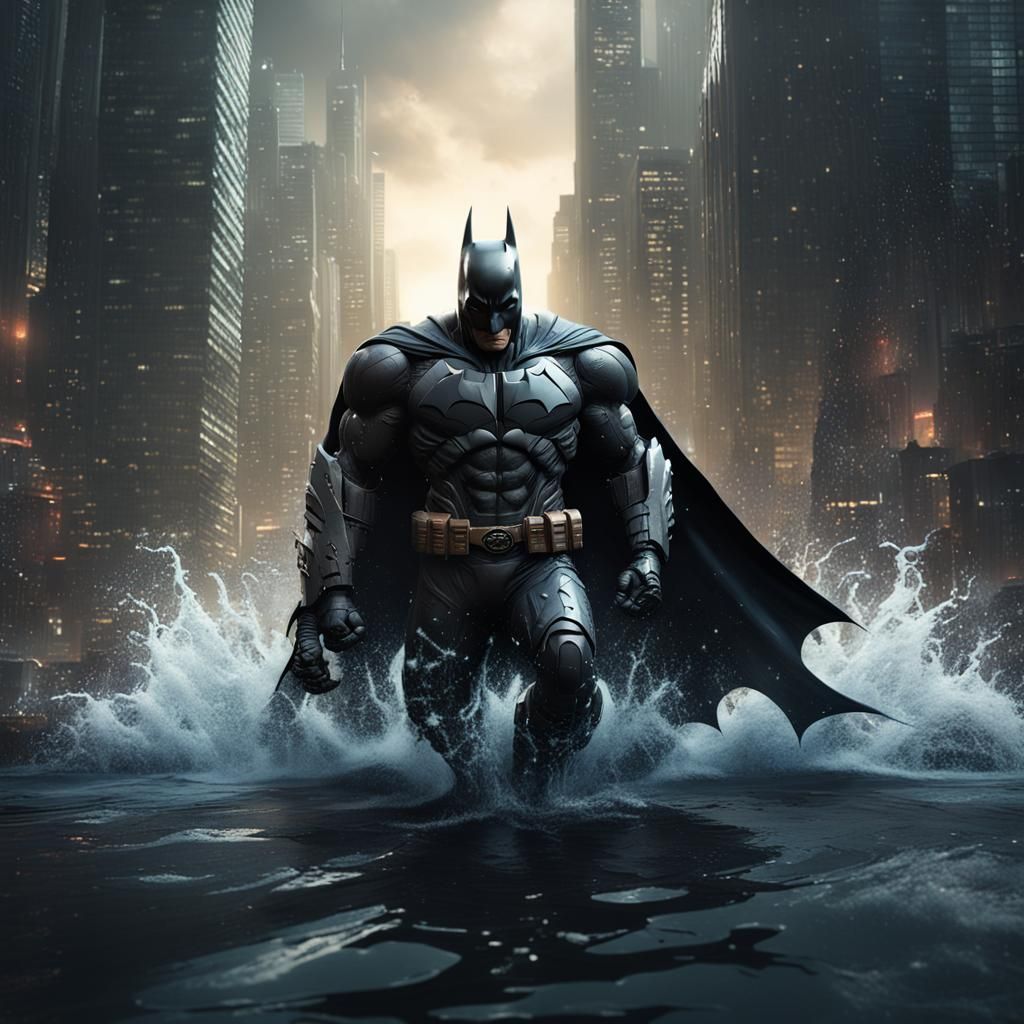 Cyberpunk Dark Knight Emerges from Gotham City Waters