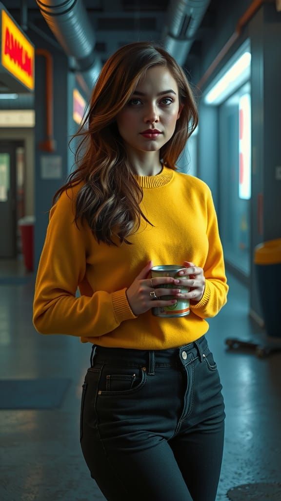 Futuristic Woman in Yellow, Holding Soup Can in a Cyberpunk ...