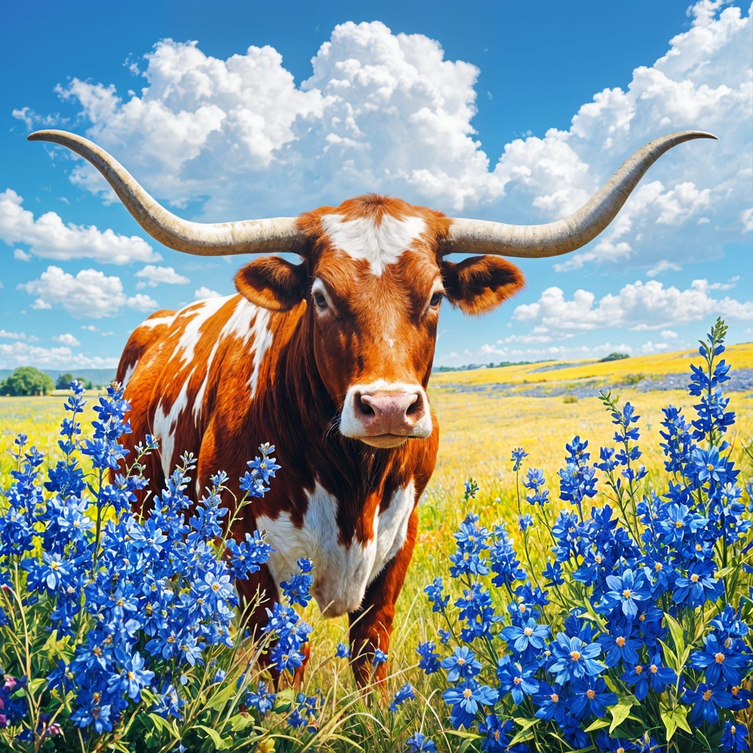 Texas Longhorn in Vibrant Bluebonnet Landscape