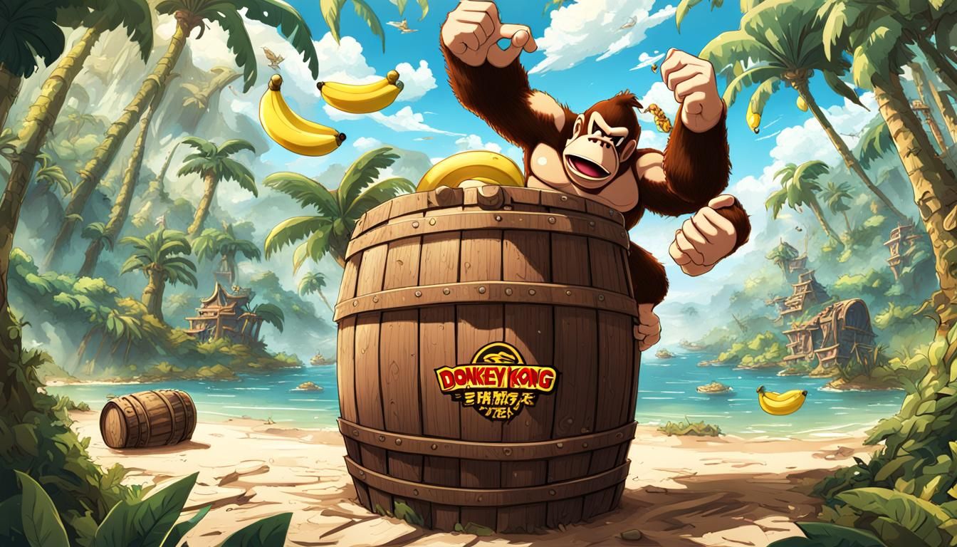 Donkey Kong Blasts Out of a Barrel in a Vibrant Jungle Scene