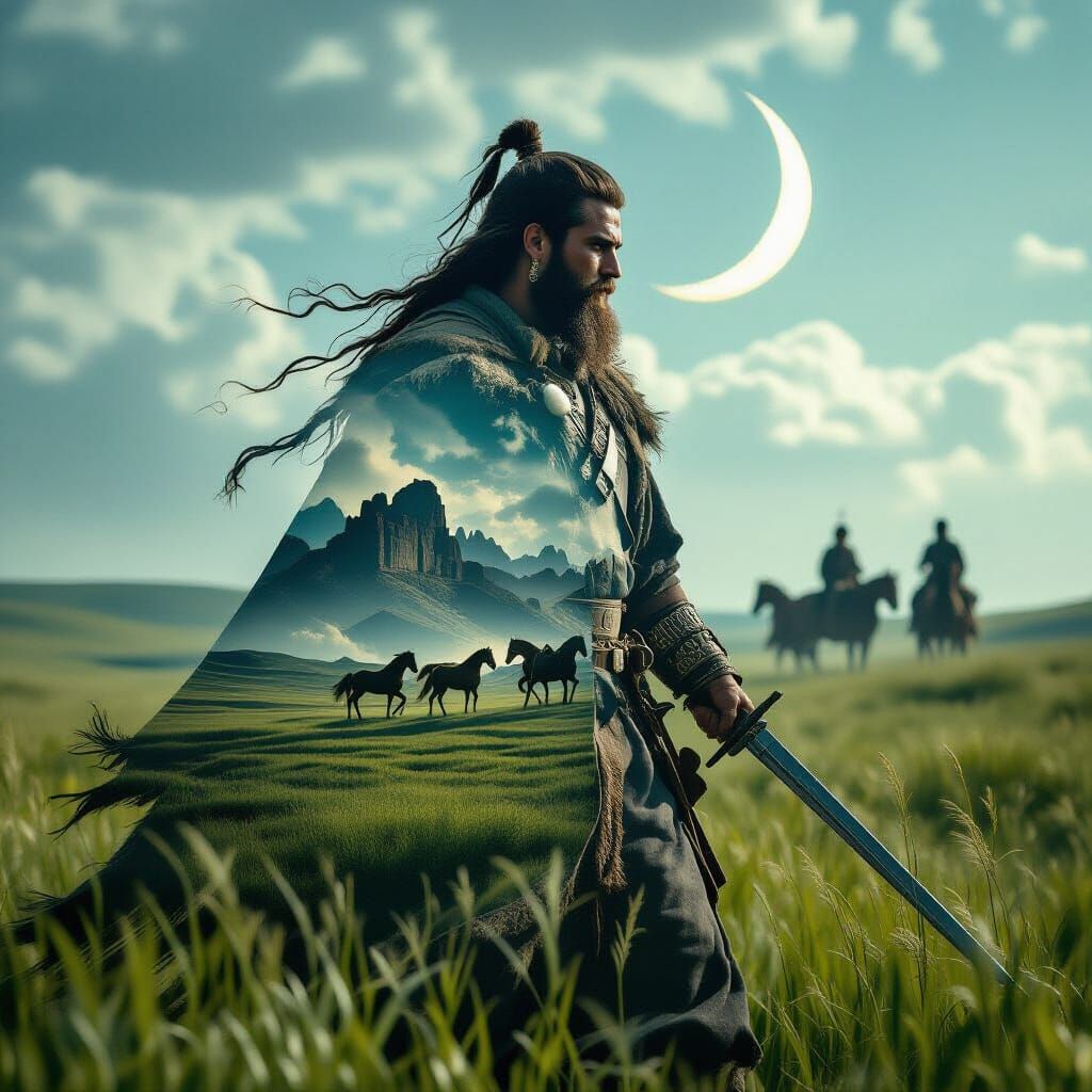 Ancient Steppe Nomad with Horse Troop Double Exposure