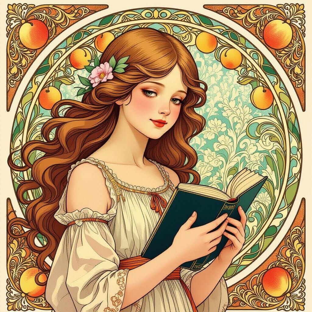 Art Nouveau Girl With Book and Peaches