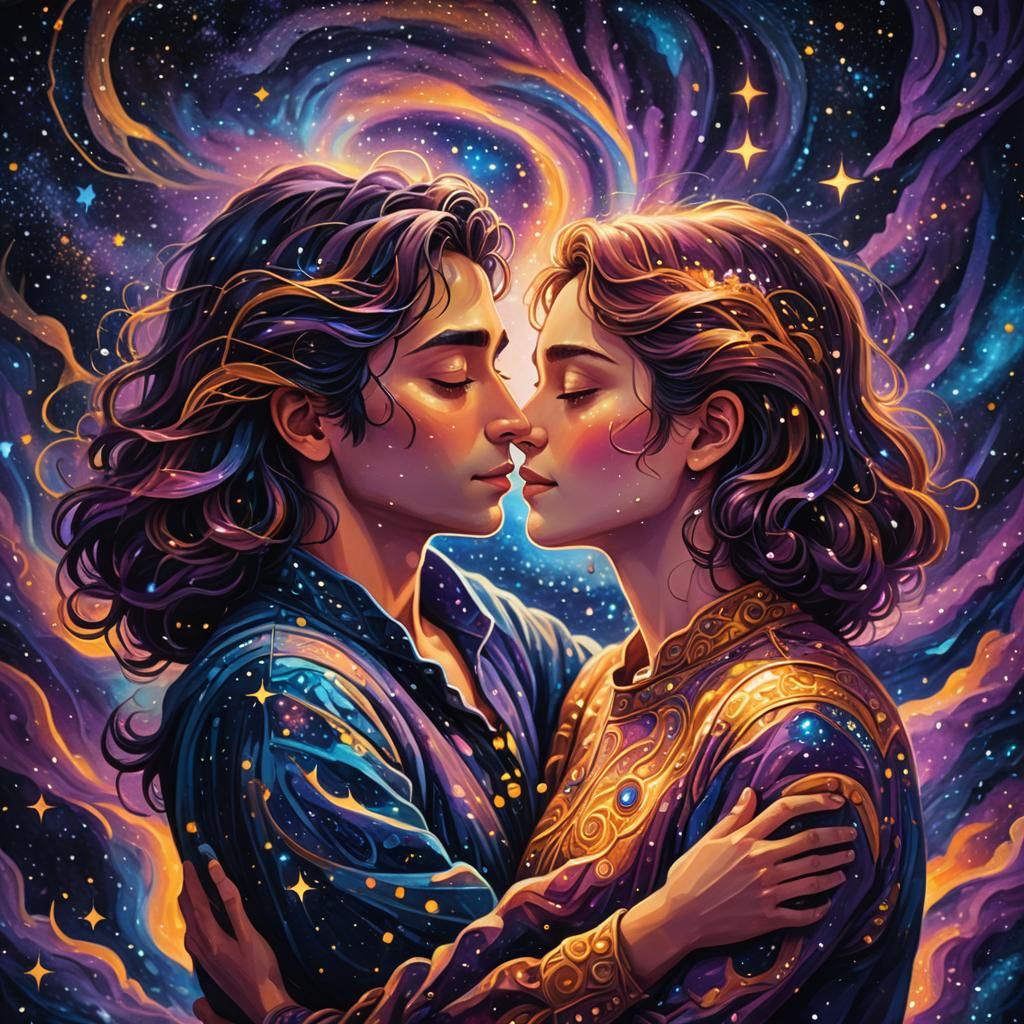 Surreal Cosmic Embrace in Starry Night Sky