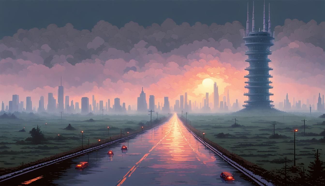 Rainy Highway in Retro Pixel Art Style
