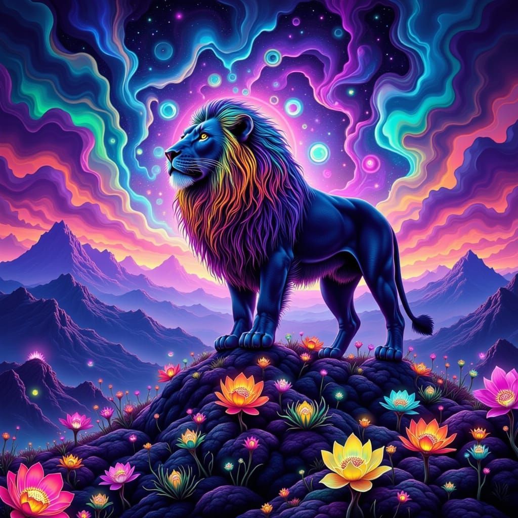Majestic Lion in Psychedelic Holographic Landscape