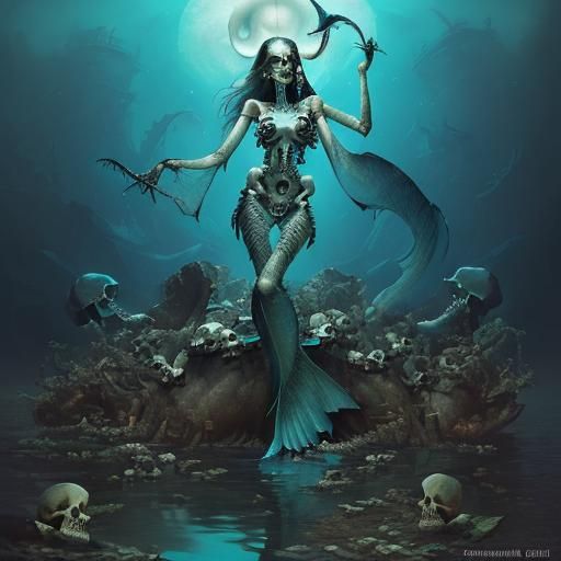 Surrealist Mermaid in a Dark Oceanic Landscape