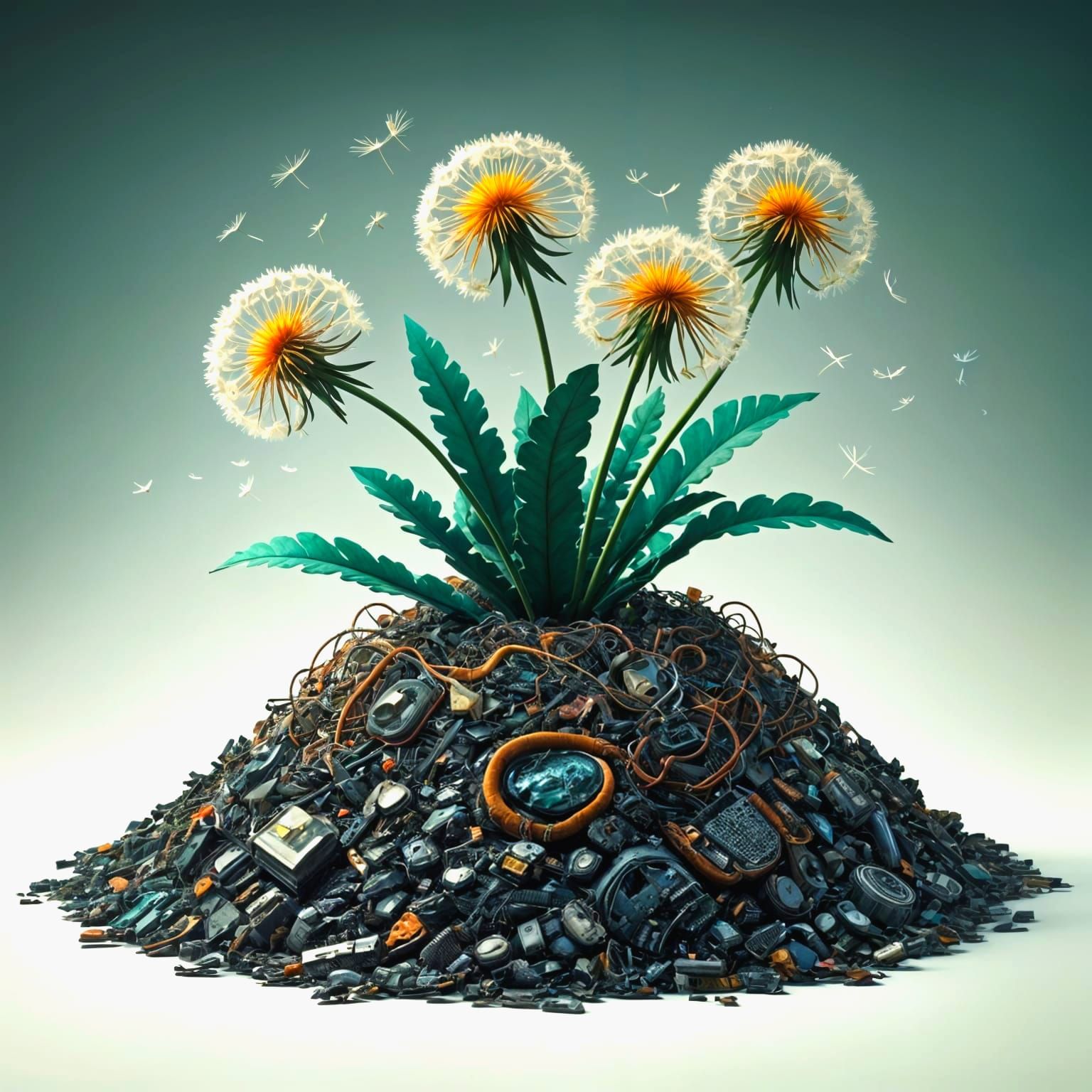 Dandelions Bloom from E-Waste in a Cyberpunk Landscape