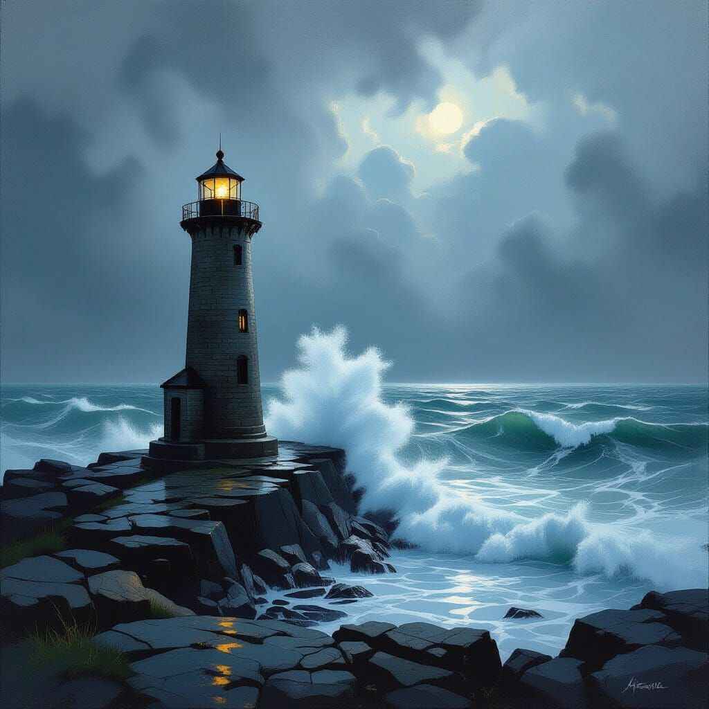 Solitary Lighthouse on Rocky Outcrop in Stormy Seas