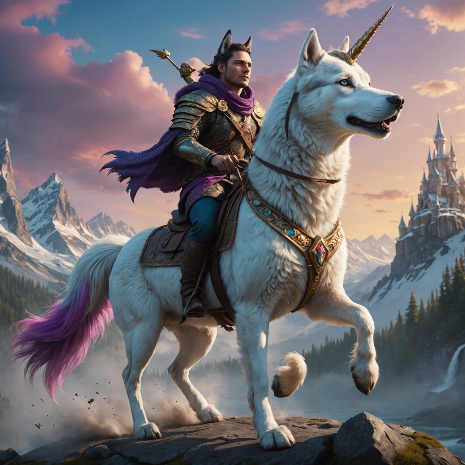 Siberian Husky Dog Riding a Unicorn in Vibrant Fantasy Lands...