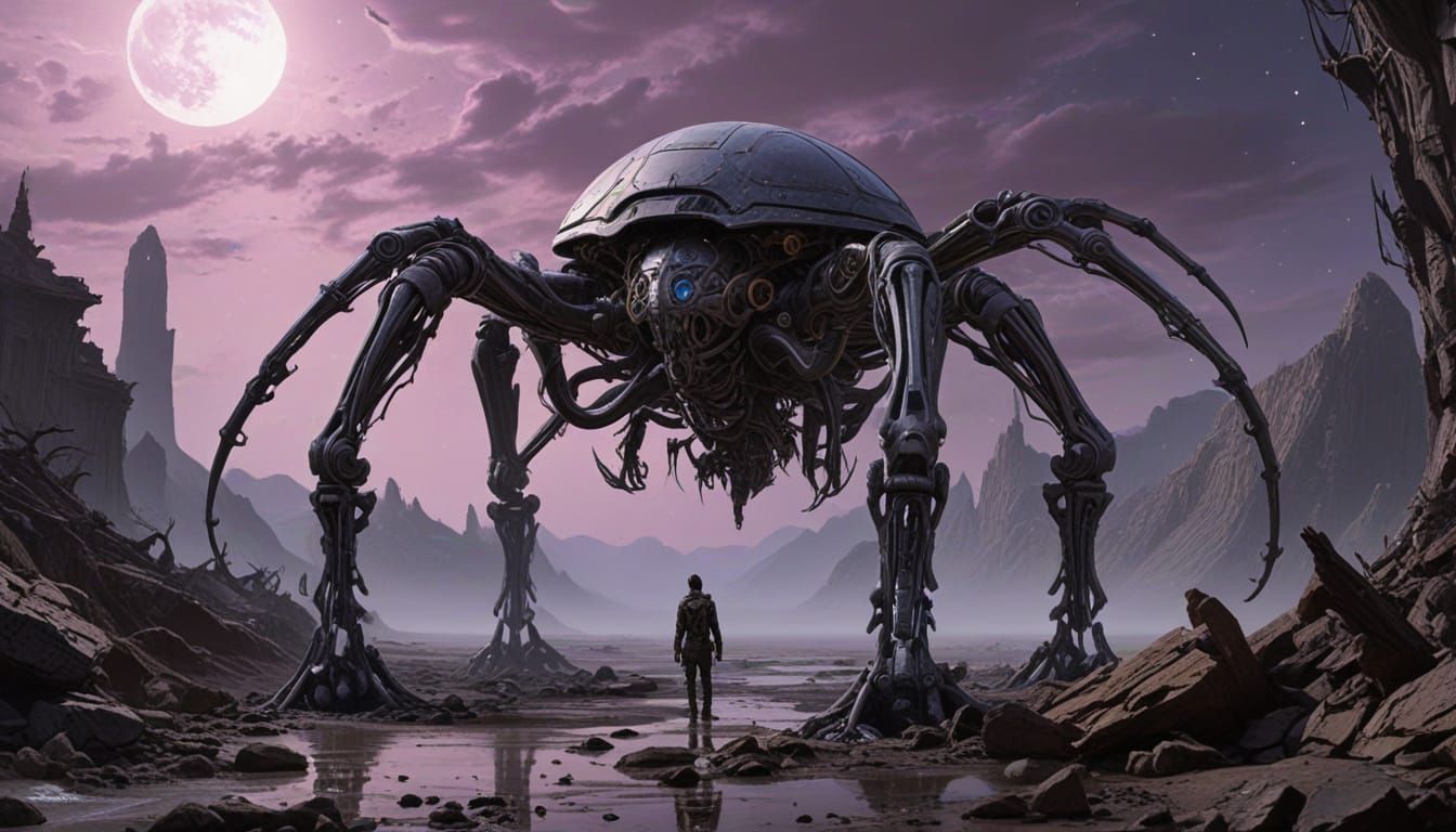 Lone Wanderer in Mechanical Graveyard Under Purple Sky