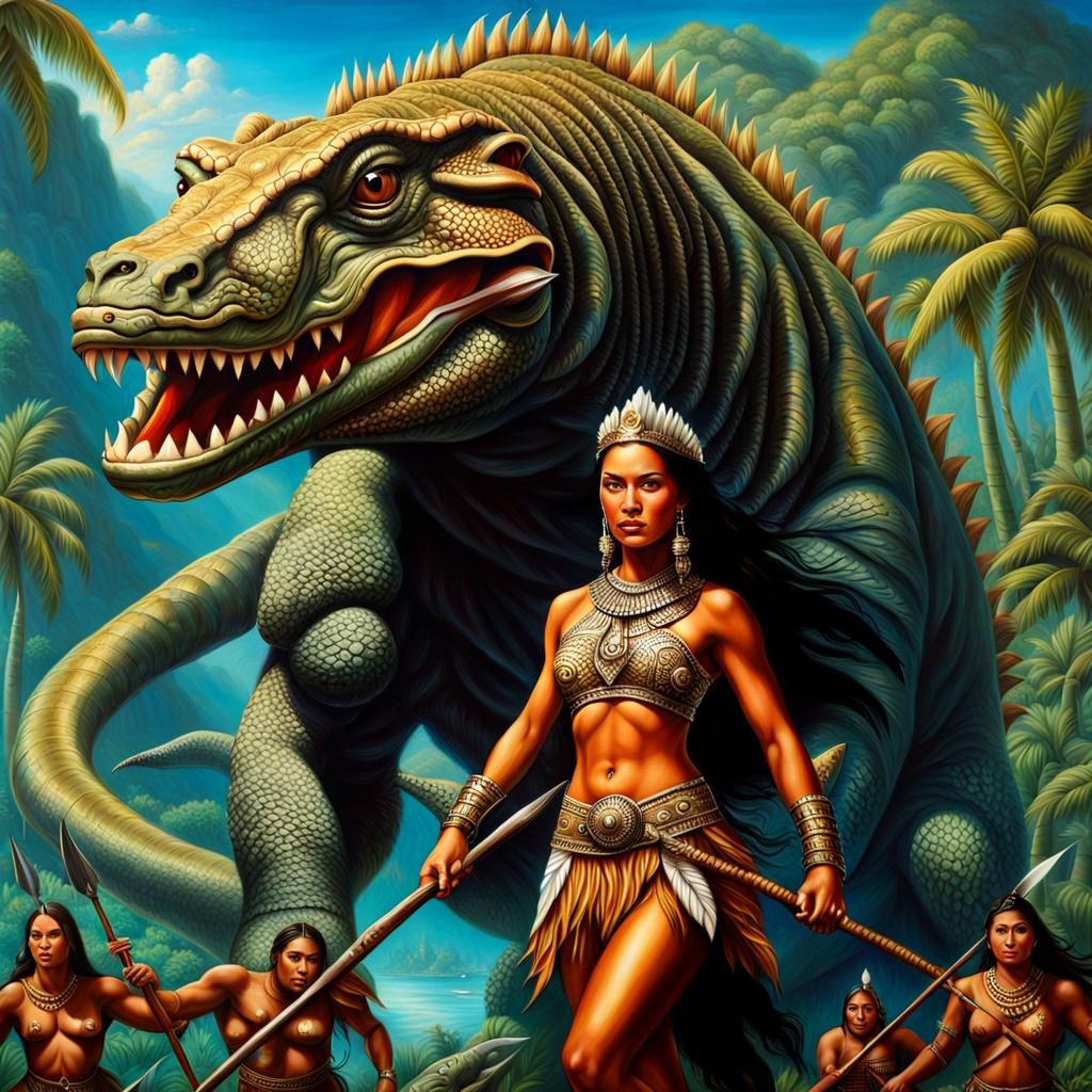 Polynesian Princess Rides Giant Komodo Dragon into Battle