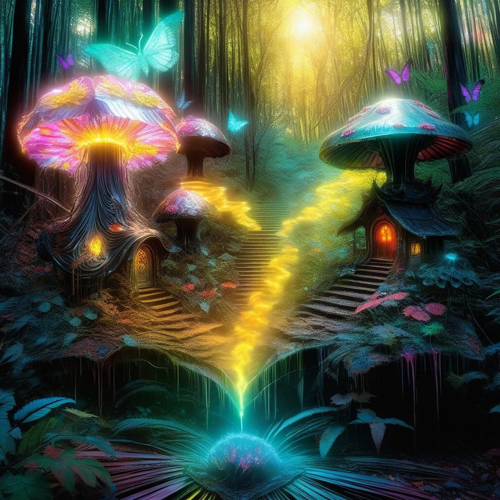 Whimsical Fairy Mushroom Village in a Dreamy Bioluminescent...