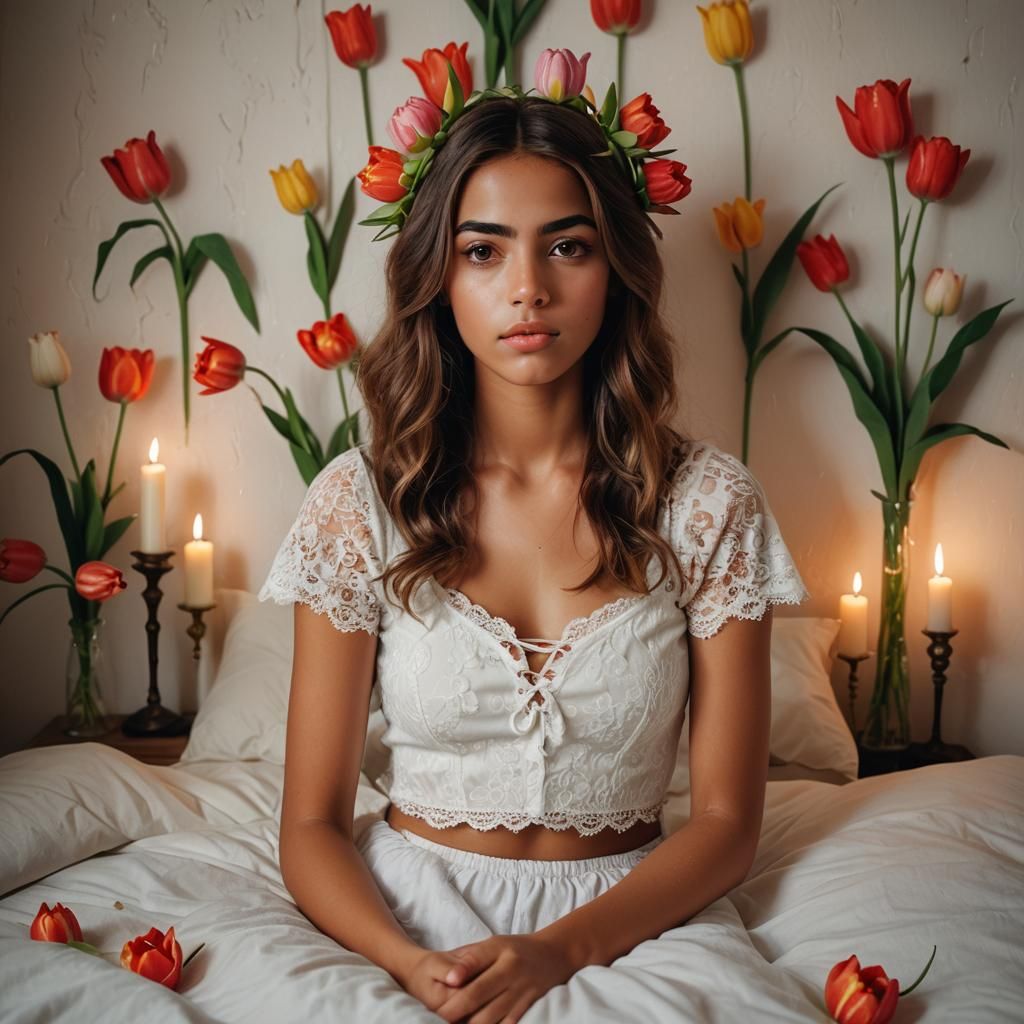 Sultry Sleepy Beauty in Tulip Paradise