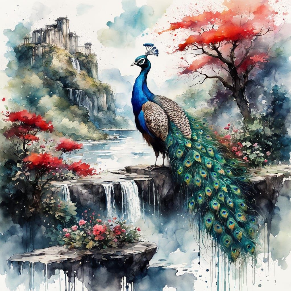 Vibrant Summerscape with Peacock and Waterfalls in Stunning ...