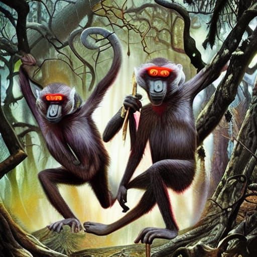Surreal Baboons Unite in Sinister Forest Ritual
