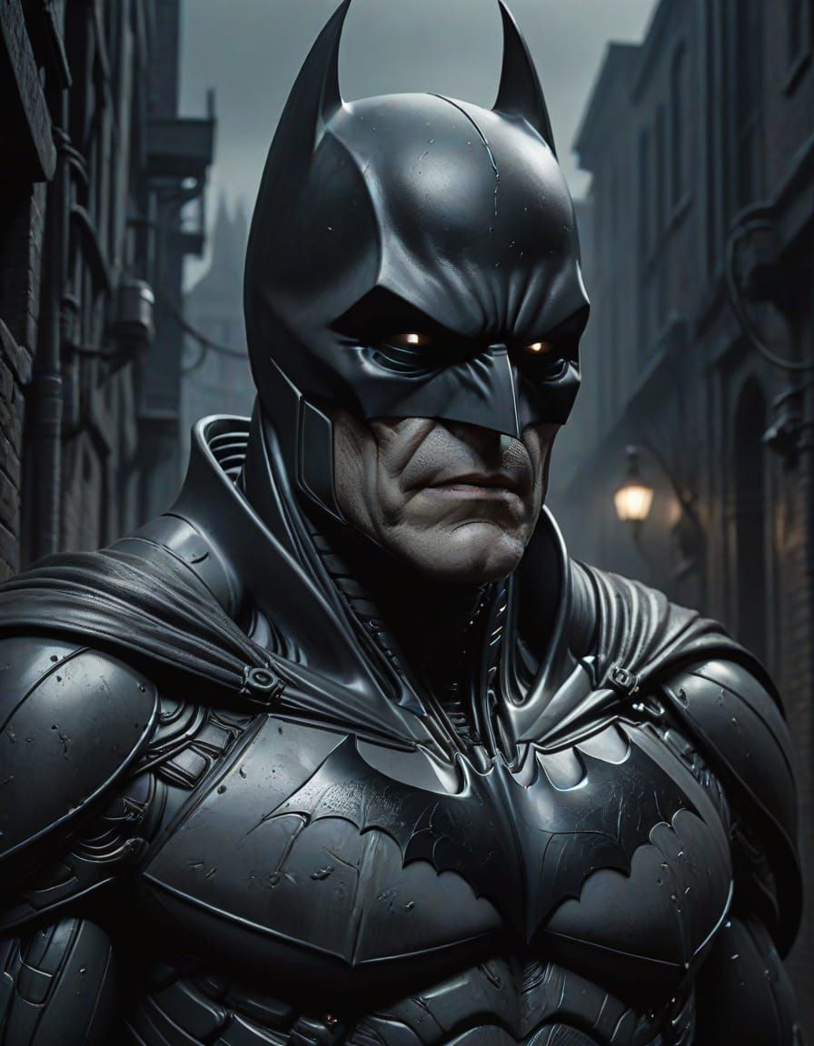 Gothic Batman in Biomechanical Industrial Cityscape