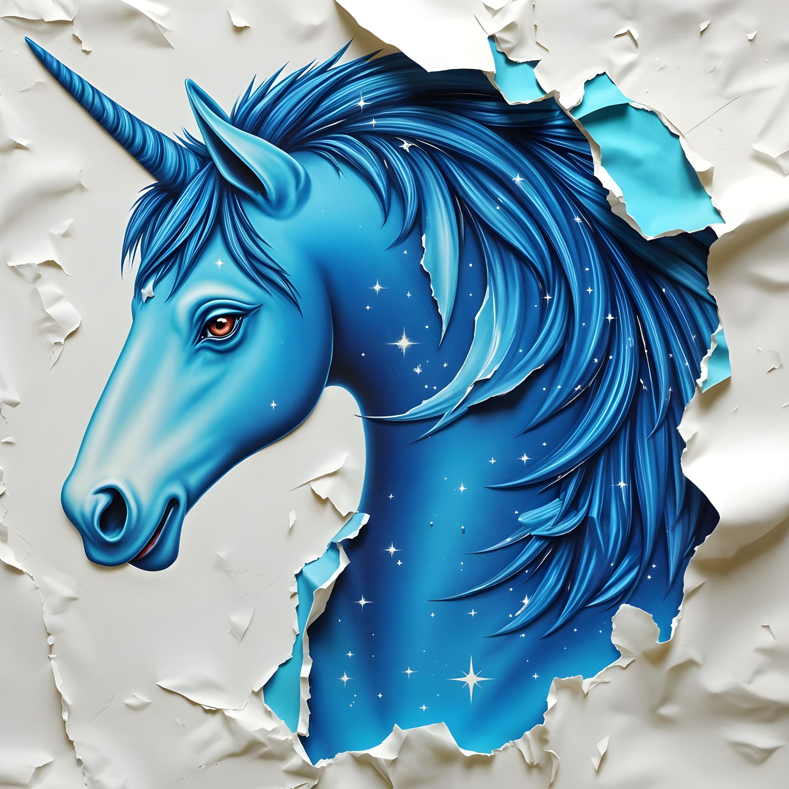 Sparkly Unicorn Amidst Torn Paper