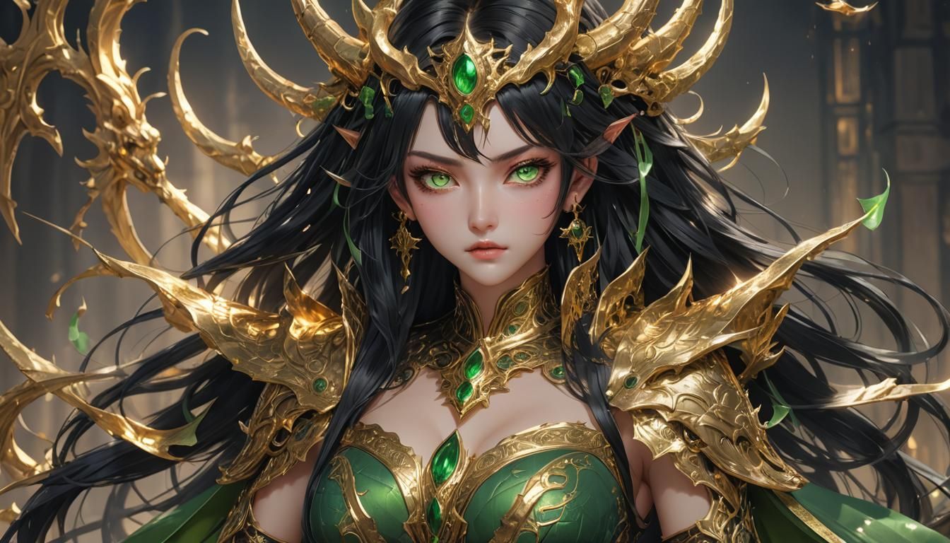 The Enchanting Demon Queen in Radiant Golden Attire
