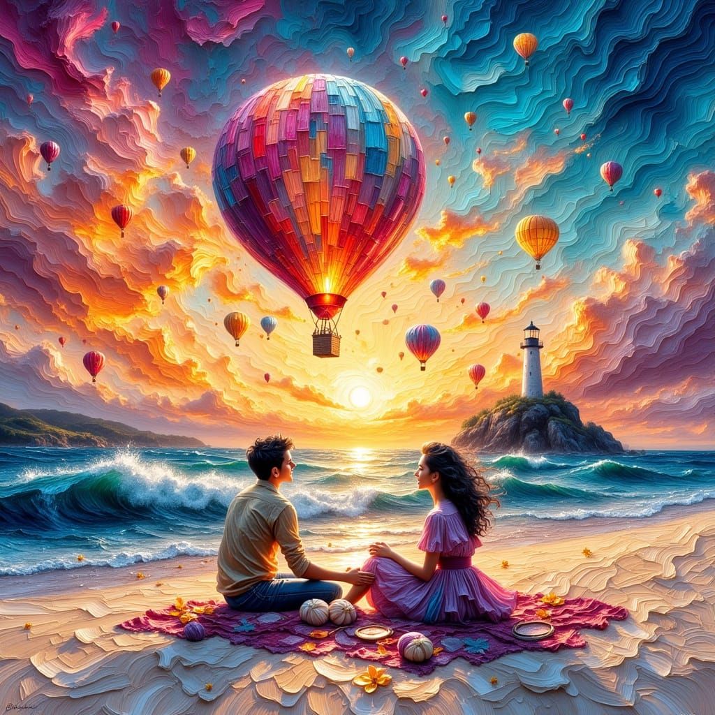 Romantic Beach Sunset with Hot Air Balloon
