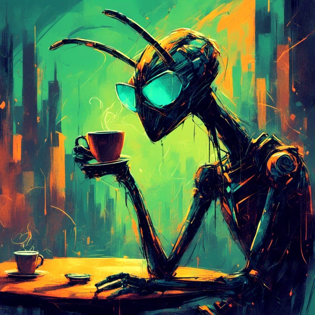 Cyberpunk Mantis Sips Coffee in Night City