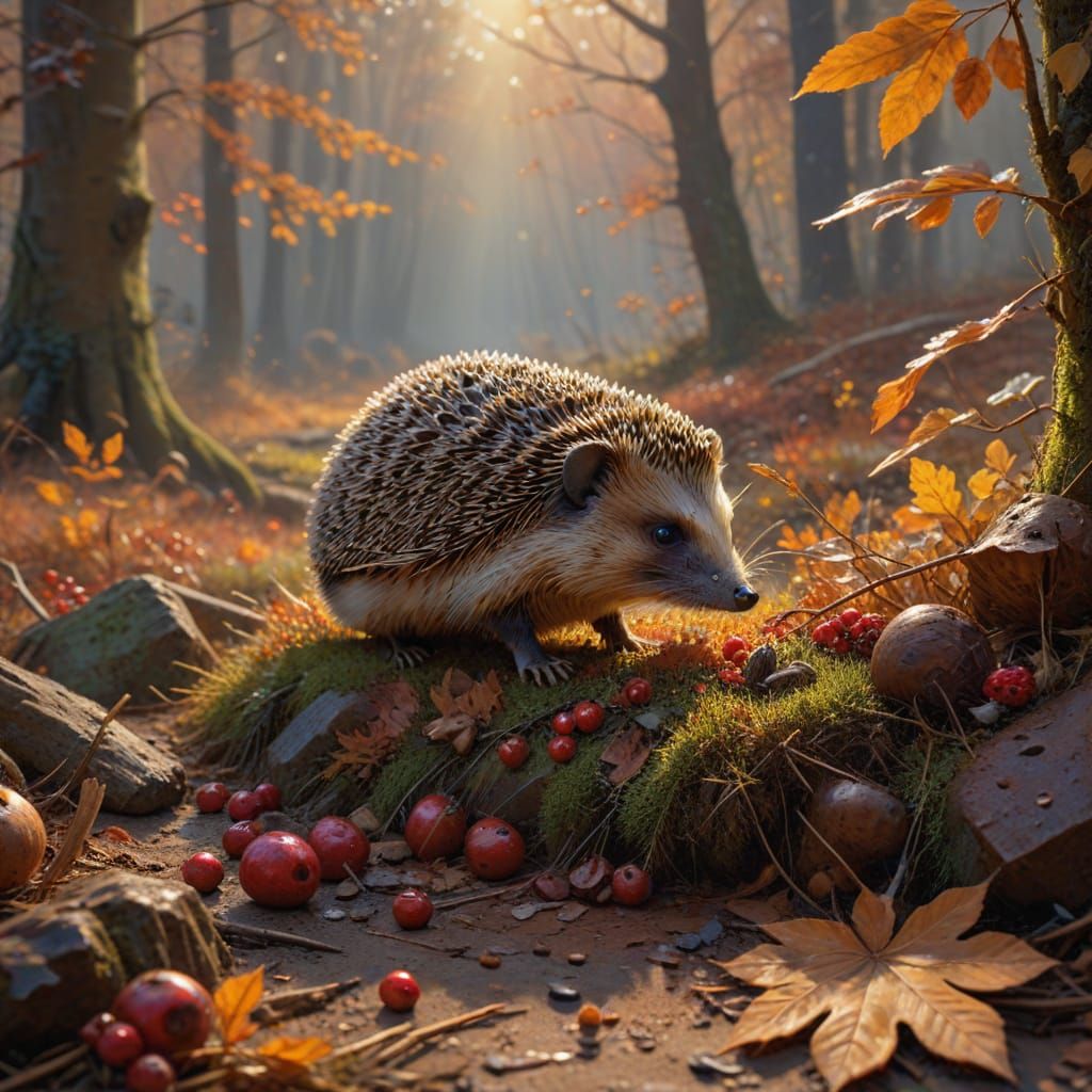 Vibrant Oil Painting of Hedgehog's Autumn Harvest