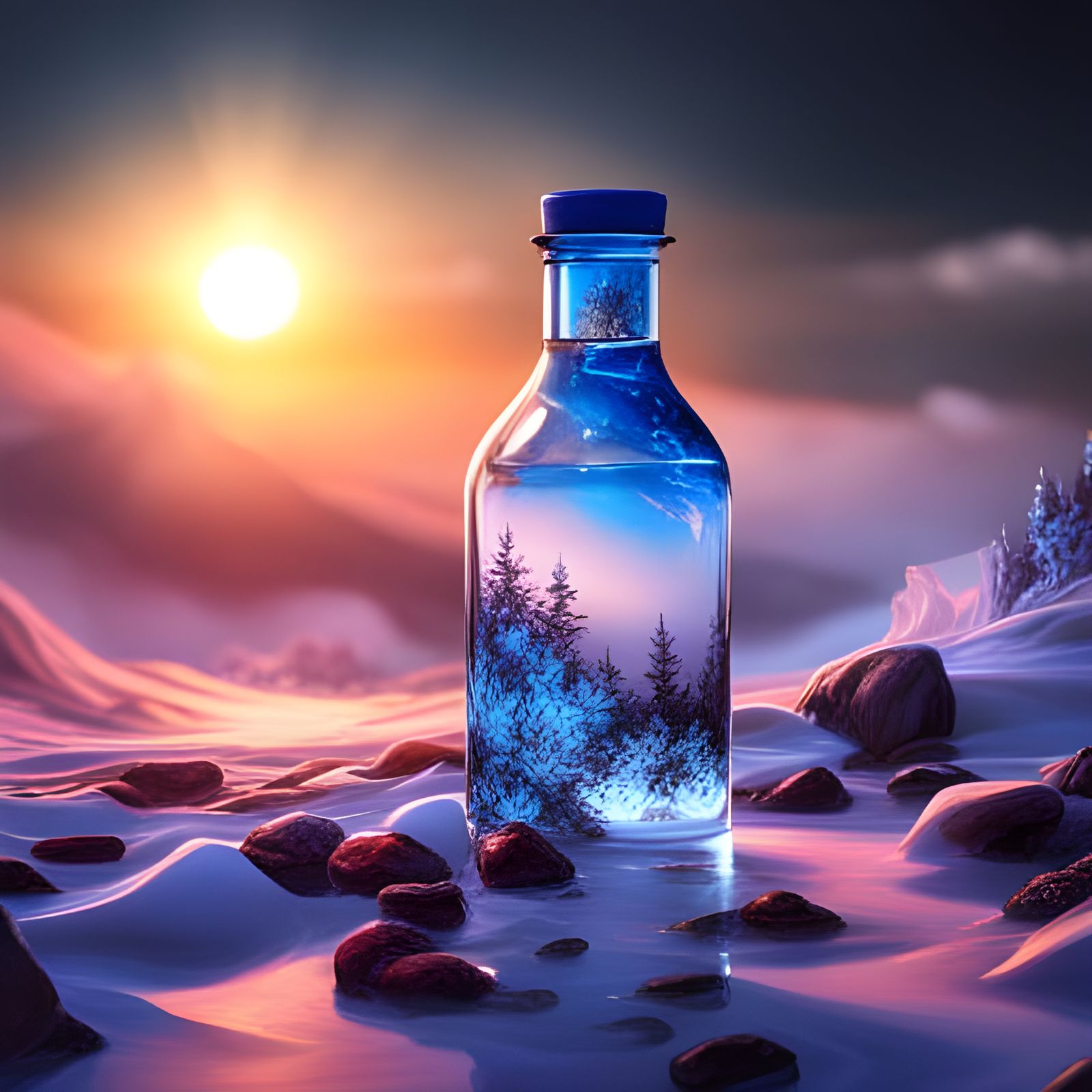 Ethereal Winter Scene: Fractal Ice, Blue Blooms, and Glass