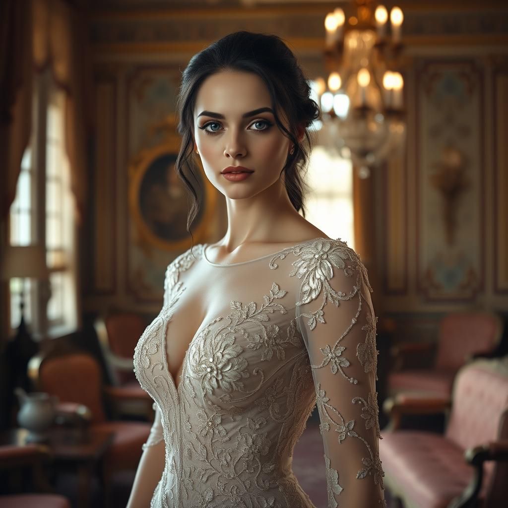 Elegantly Dressed Woman in Victorian-Inspired Parlor, with H...