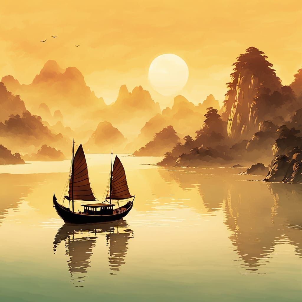 Chinese Junk Sails on Calm Waters at Sunset