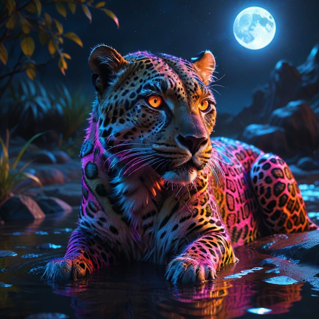 Majestic Neon Leopard Drinks at Luminous Waterhole
